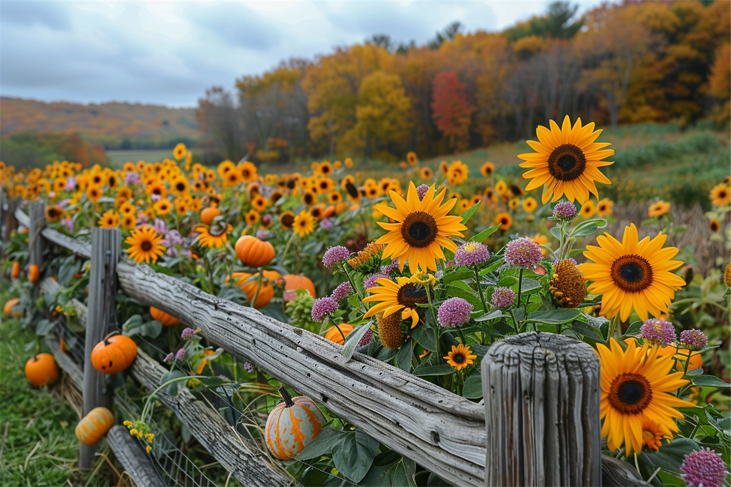 Toile de Fond Tournesols d'Automne Citrouilles Clôture en Bois Rustique BRP9-185