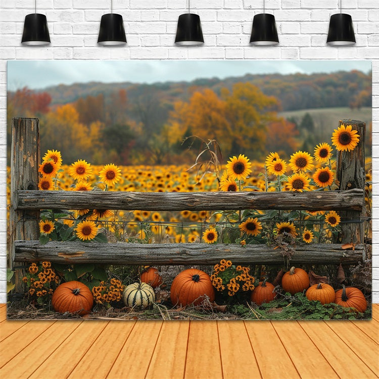 Toile de Fond Tournesols d'Automne Dorés Citrouilles Clôture BRP9-187