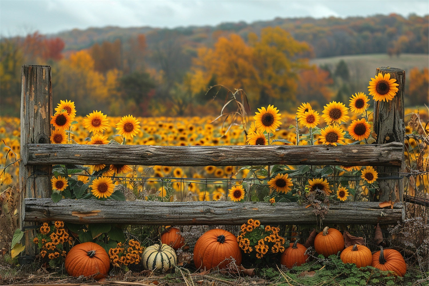 Toile de Fond Tournesols d'Automne Dorés Citrouilles Clôture BRP9-187