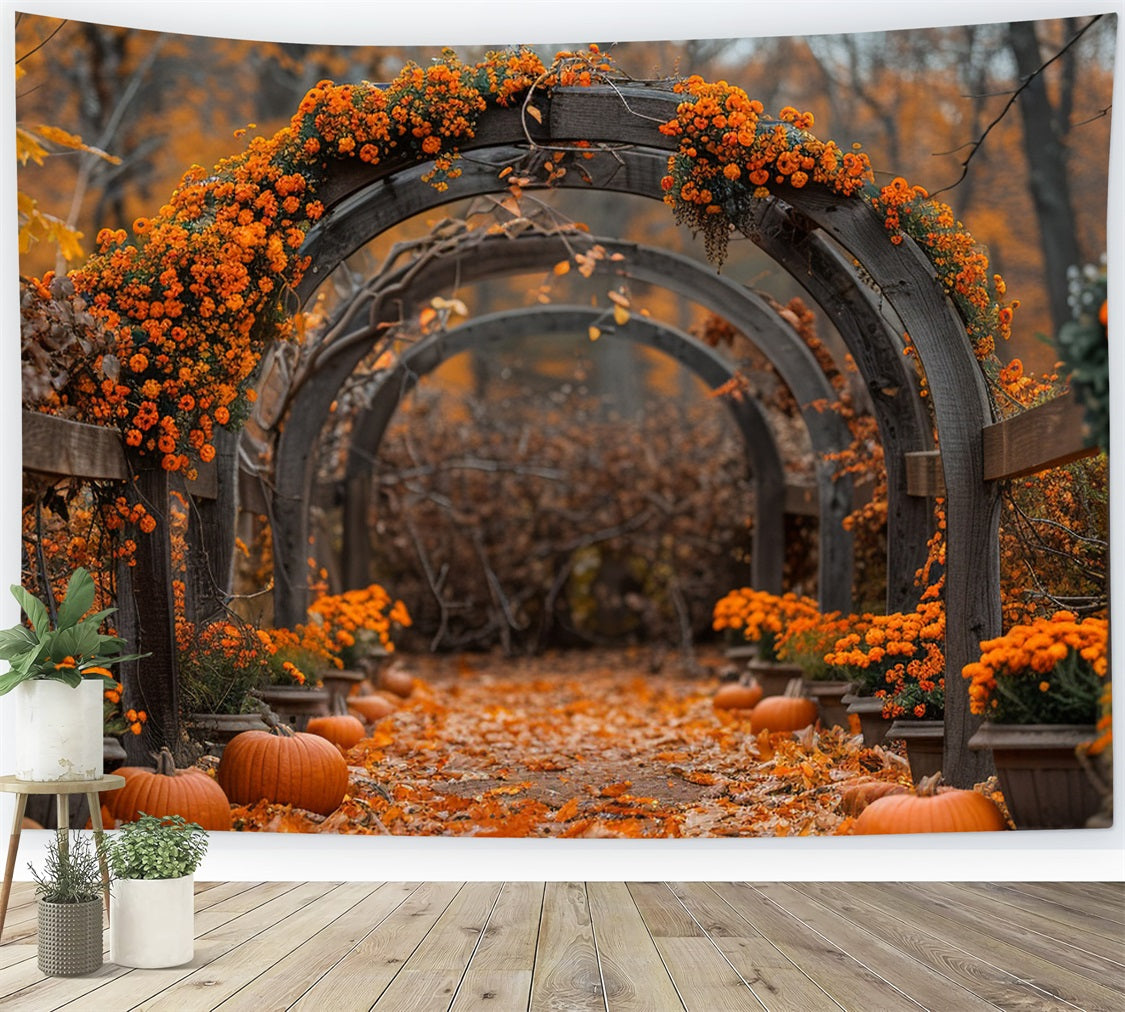 Toile de Fond Arche Florale d'Automne Citrouilles Feuilles Tombantes BRP9-188