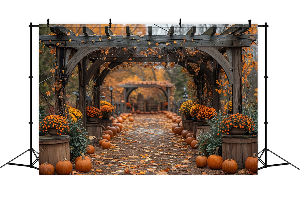 Toile de Fond Allée d'Automne Citrouilles Arches Fleurissantes BRP9-190