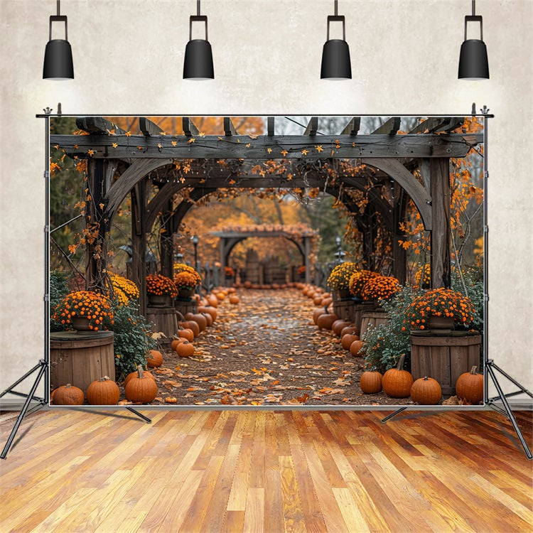 Toile de Fond Allée d'Automne Citrouilles Arches Fleurissantes BRP9-190