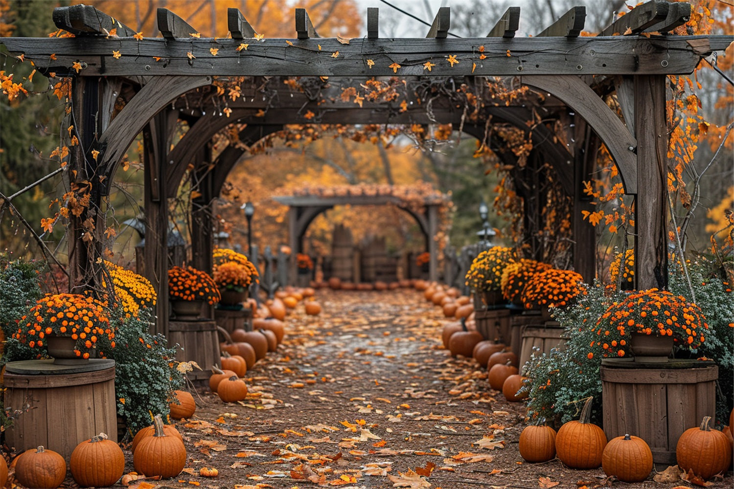 Toile de Fond Allée d'Automne Citrouilles Arches Fleurissantes BRP9-190