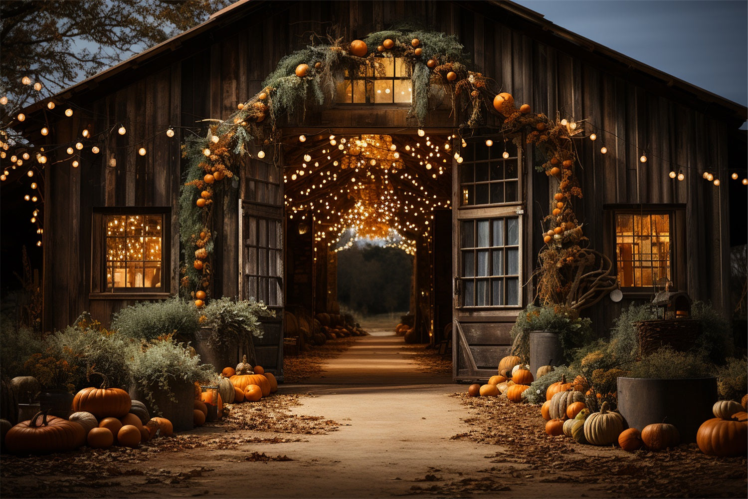 Toile de Fond Entrée de Grange Éclairée Citrouilles d'Automne BRP9-192