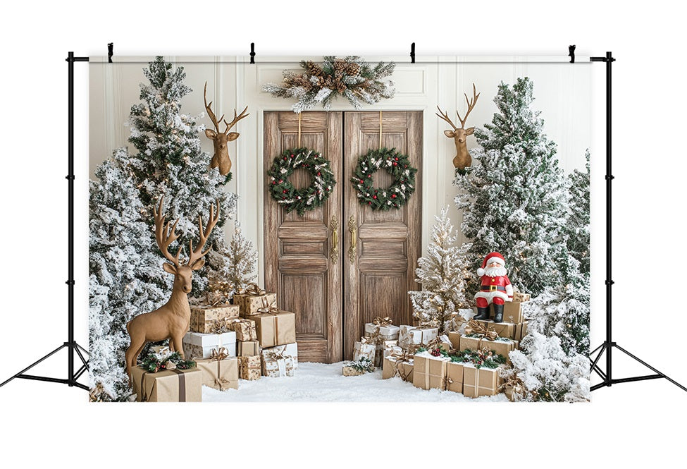 Toile de fond Porte rustique Père Noël Rennes Décor Hiver BRP9-260