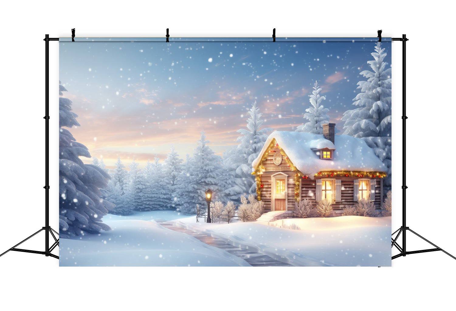 Toile de fond Cabane lumineuse au milieu des pins enneigés Hiver BRP9-274