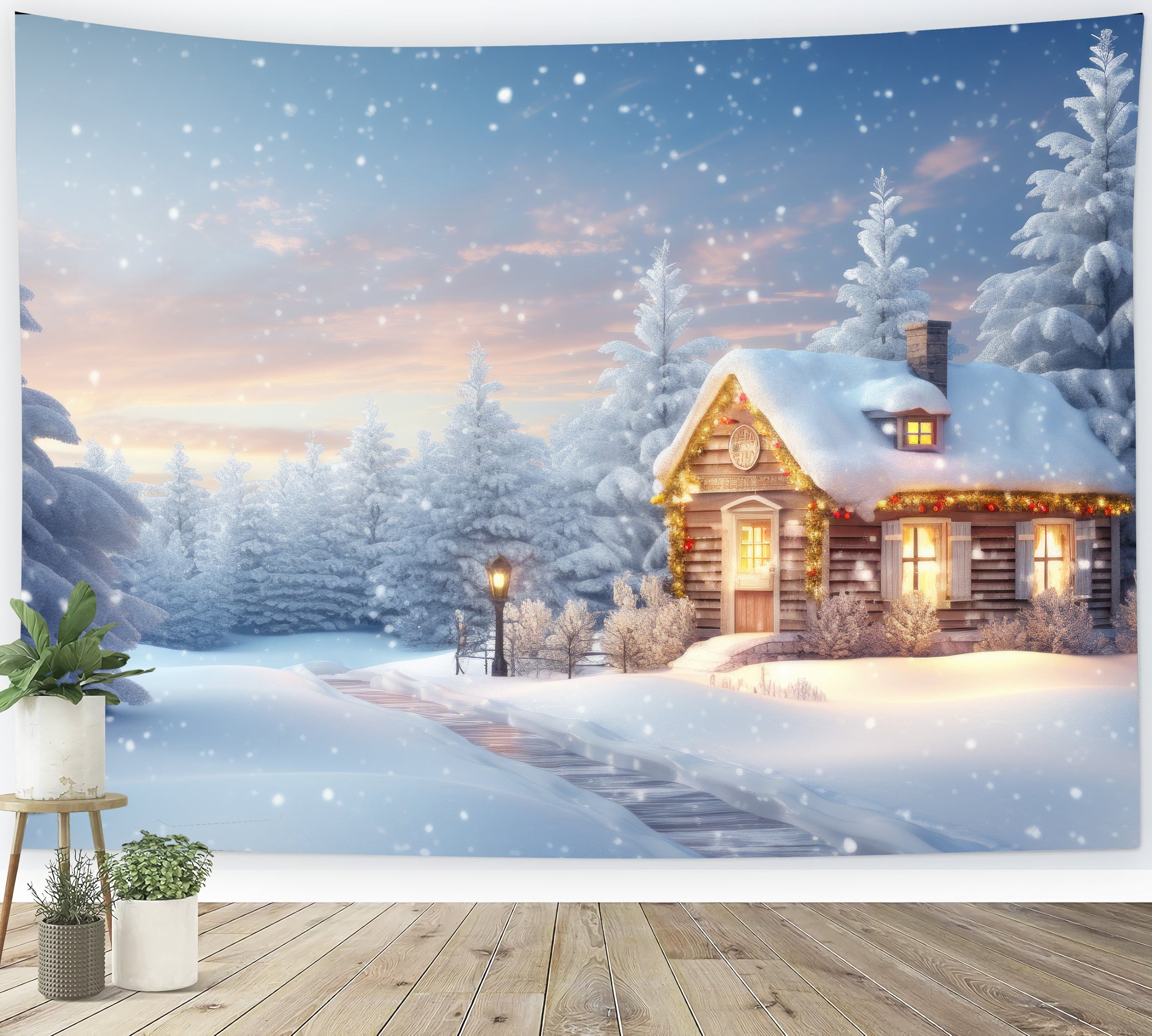 Toile de fond Cabane lumineuse au milieu des pins enneigés Hiver BRP9-274