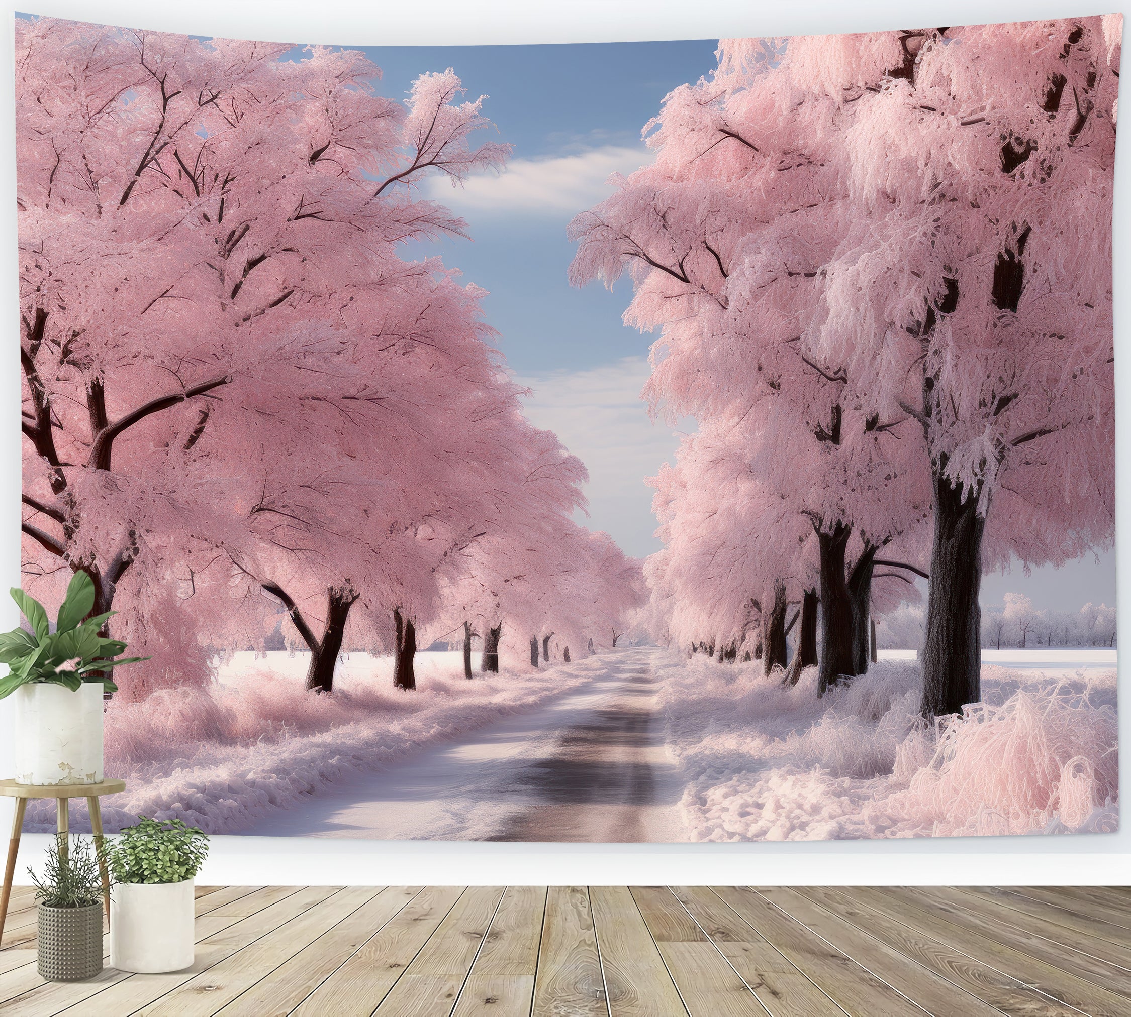 Toile de fond Route paysage hivernal rose givré BRP9-278