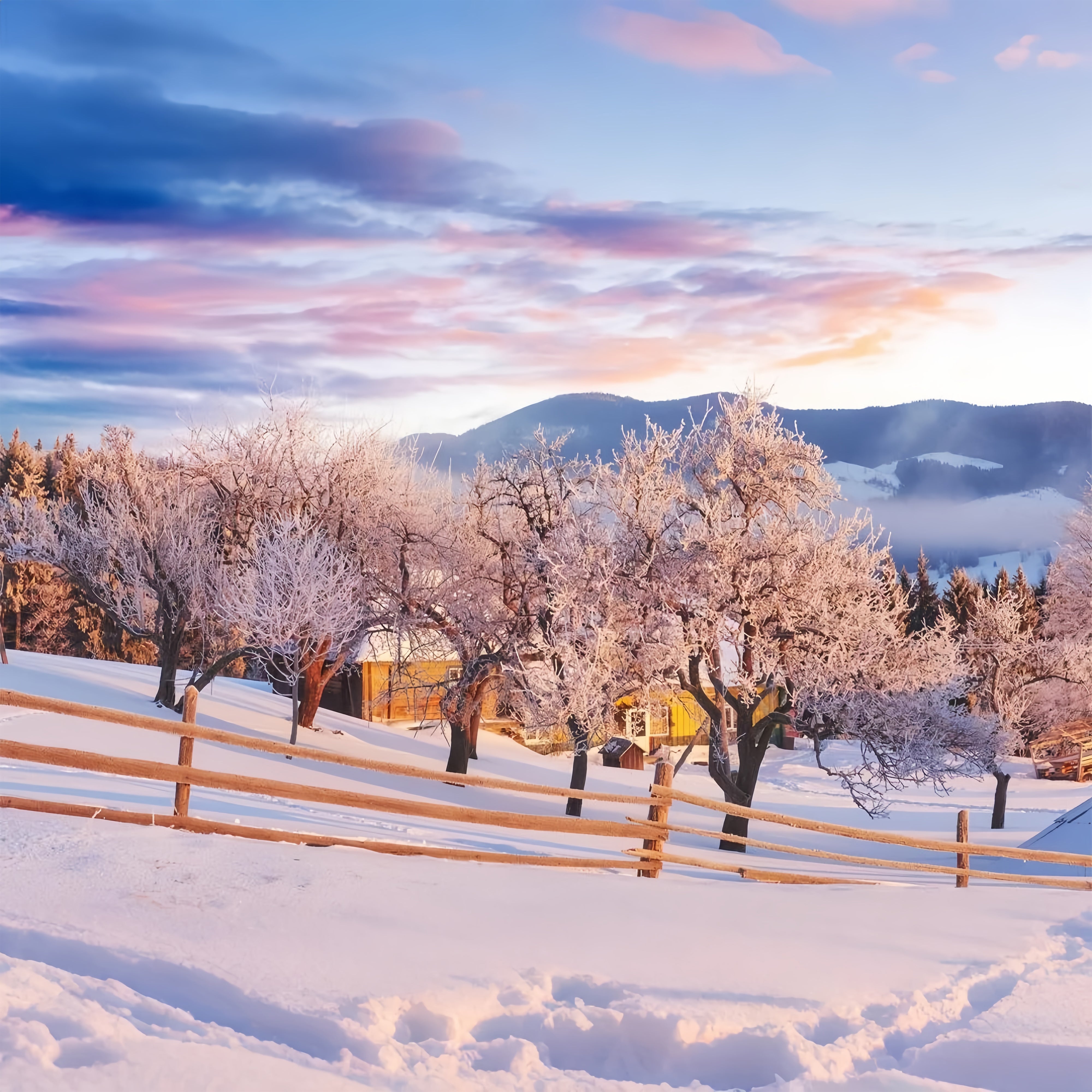 Toile de fond Ciel rose Ferme hivernale Photographie BRP9-282