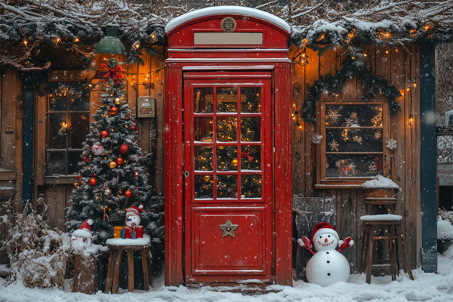 Toile de fond Porte rouge de Noël avec bonhomme de neige BRP9-33