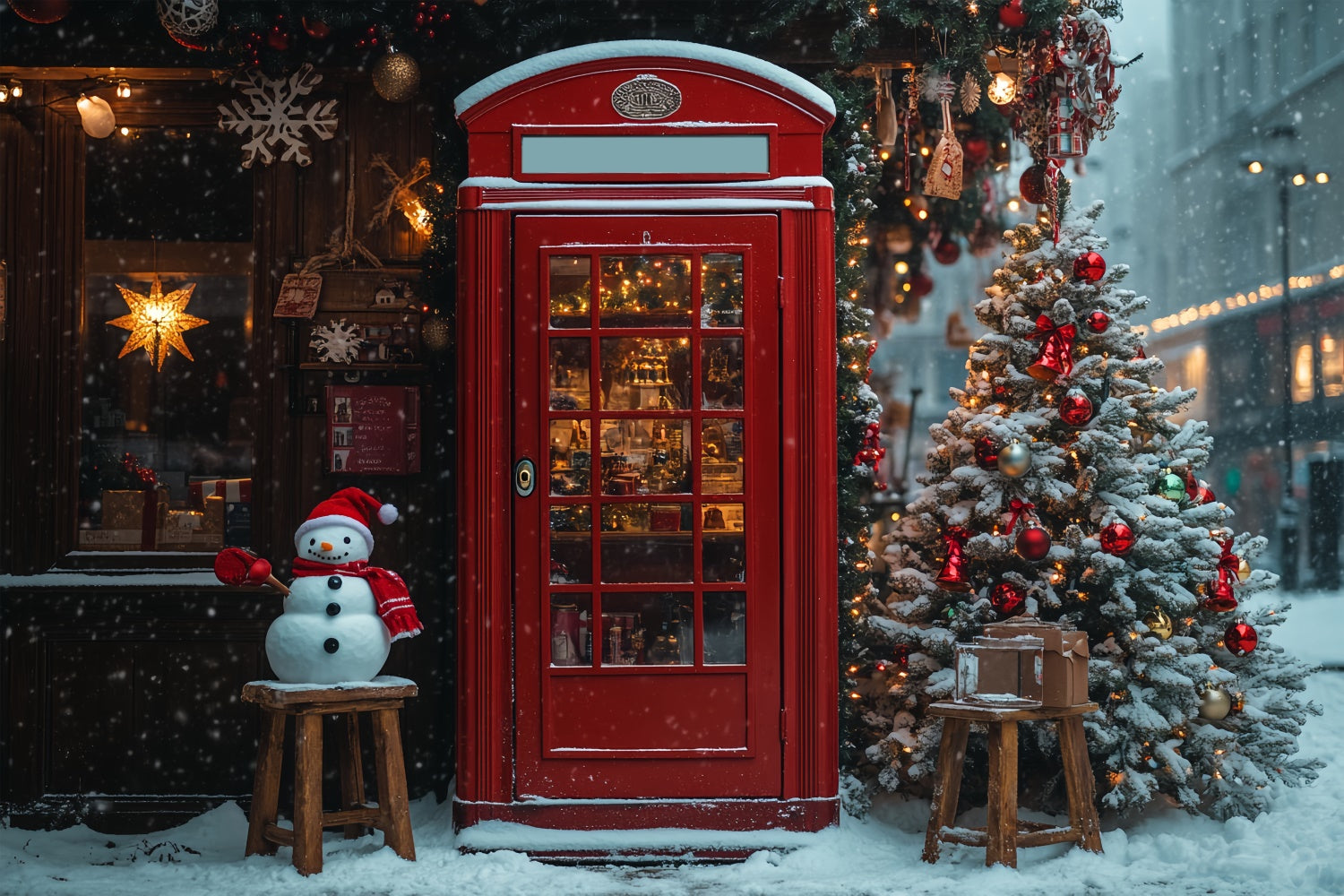 Toile de fond Marché de Noël enneigé avec porte rouge BRP9-35