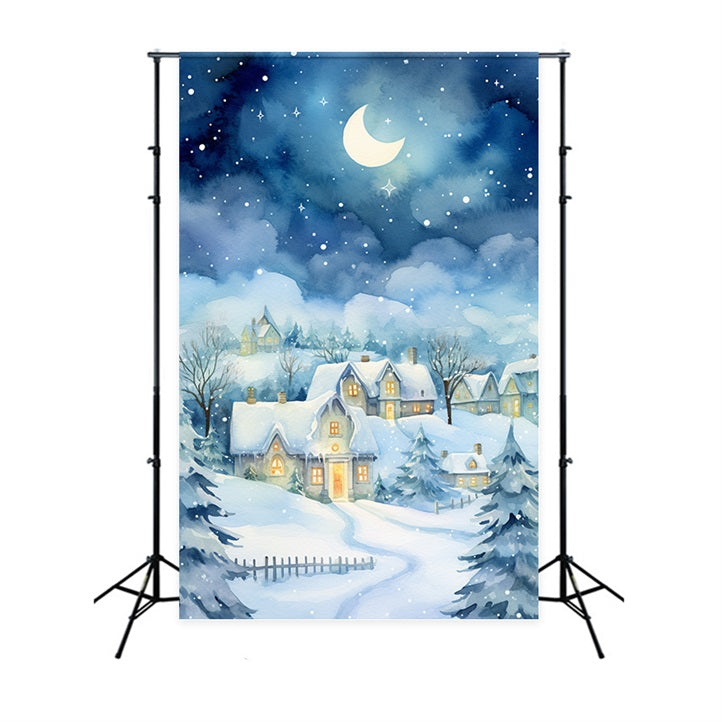 Toile de fond Cottage hivernal sous la neige Lumière de lune BRP9-352