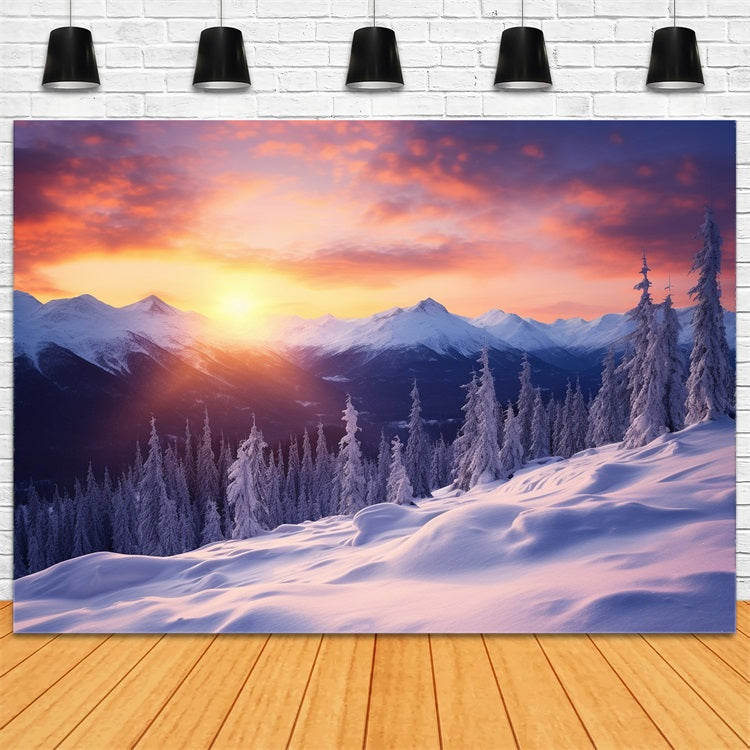 Toile de fond Scène lumineuse Forêt enneigée Montagnes BRP9-366