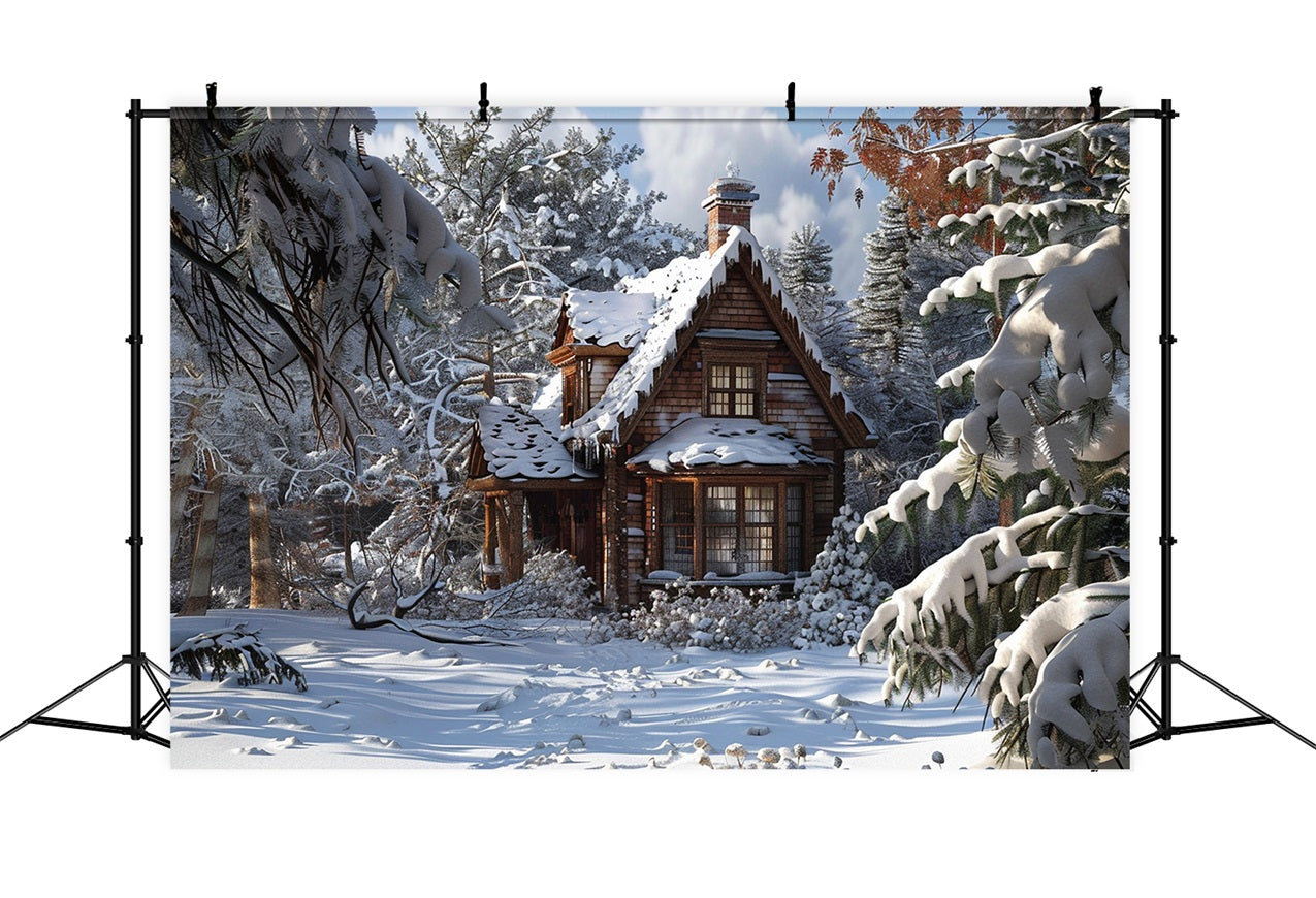 Toile de fond Chalet conte de fées au milieu de pins givrés Hiver BRP9-367