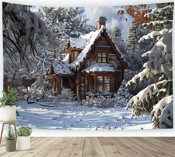 Toile de fond Chalet conte de fées au milieu de pins givrés Hiver BRP9-367