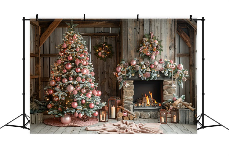 Toile de fond Arbre de Noël rose Cheminée cozy Hiver BRP9-368