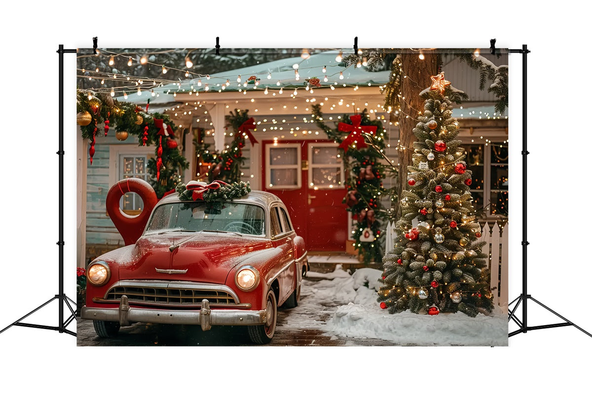 Toile de fond Maison de Noël avec voiture vintage rouge BRP9-43