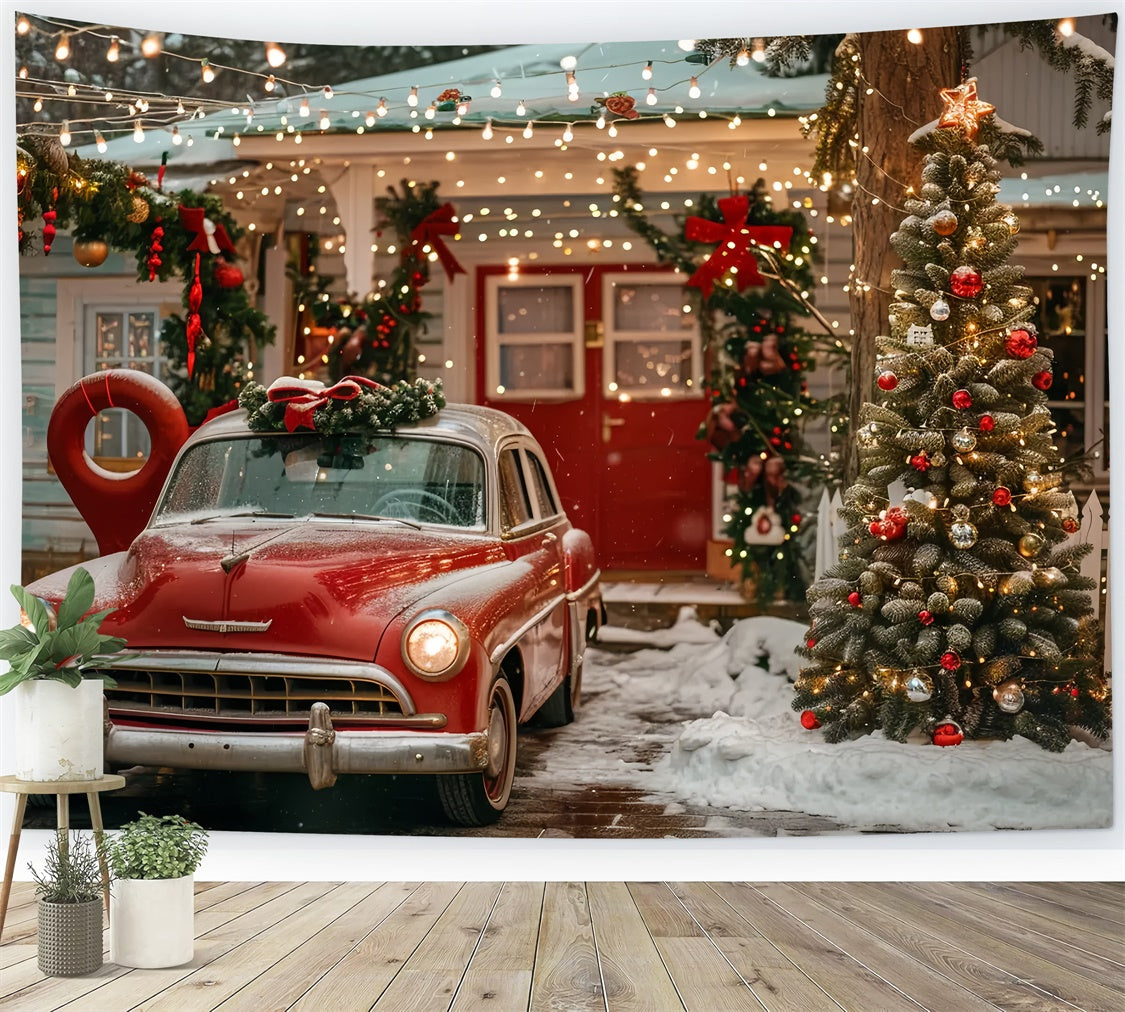 Toile de fond Maison de Noël avec voiture vintage rouge BRP9-43