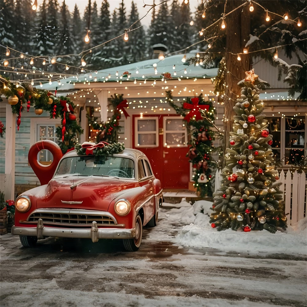 Toile de fond Maison de Noël avec voiture vintage rouge BRP9-43