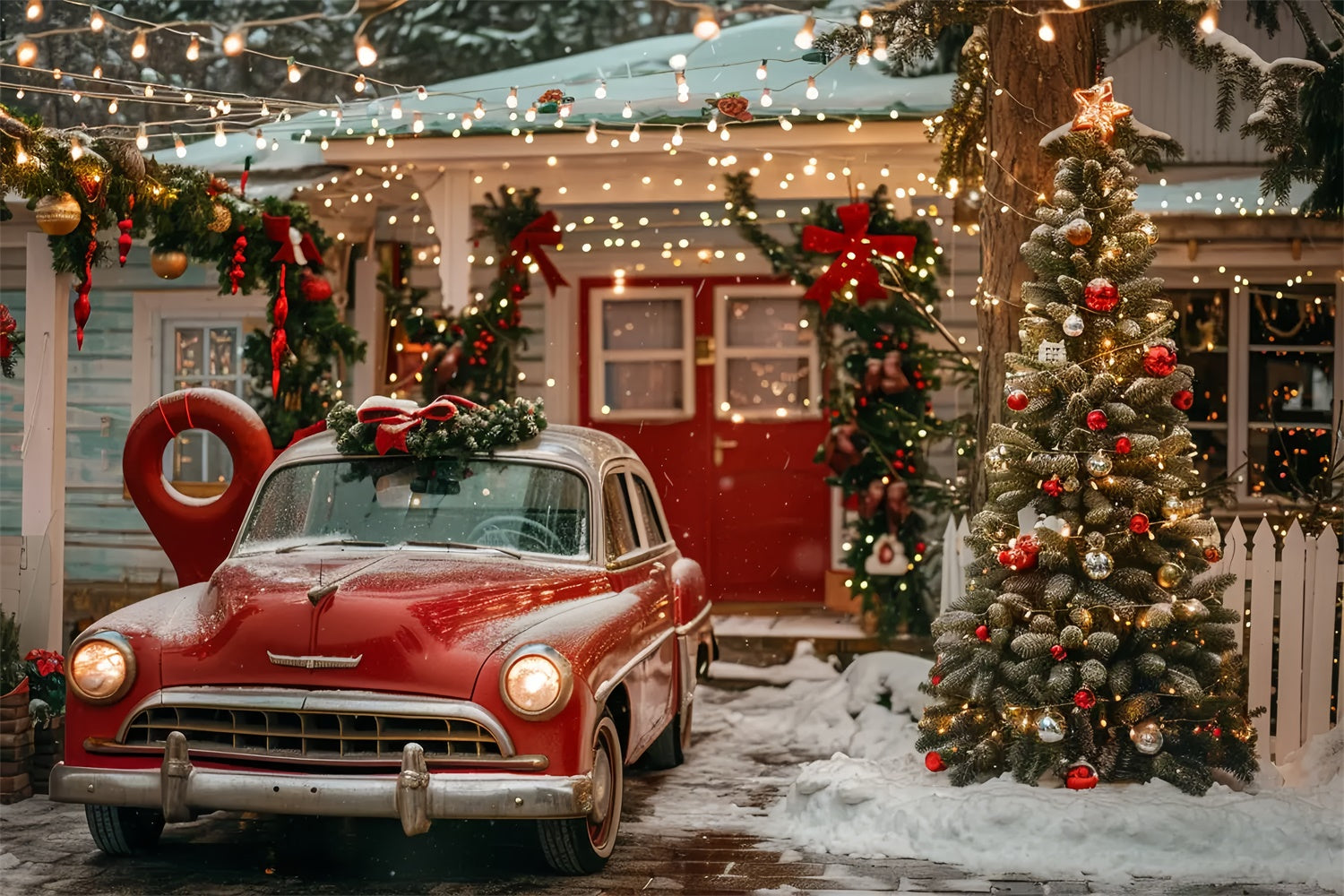 Toile de fond Maison de Noël avec voiture vintage rouge BRP9-43