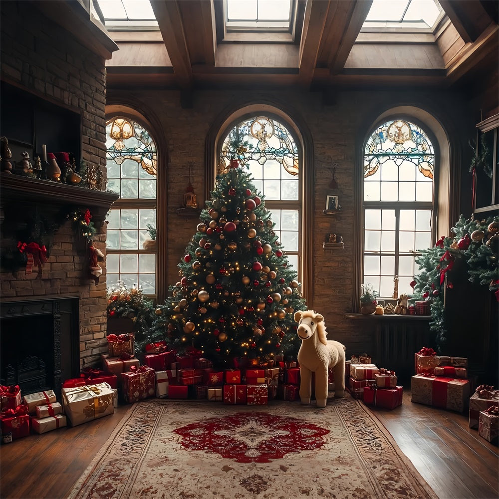 Toile de fond Cheminée de Noël avec sapin cadeaux et cheval à bascule BRP9-44