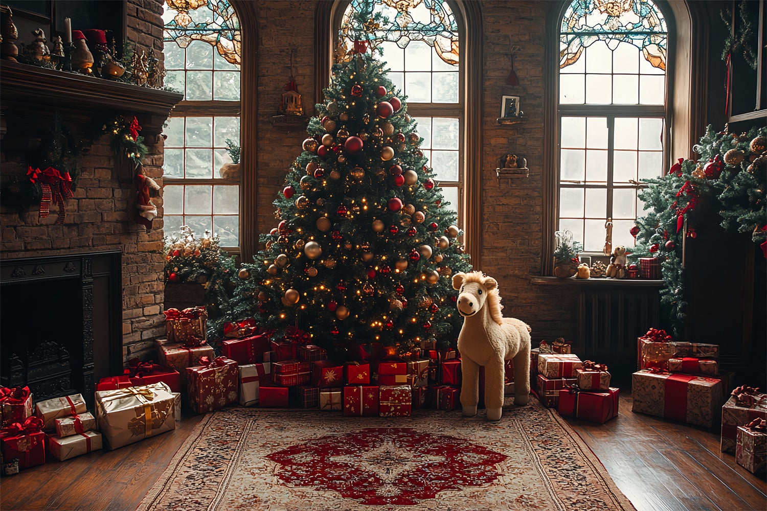 Toile de fond Cheminée de Noël avec sapin cadeaux et cheval à bascule BRP9-44