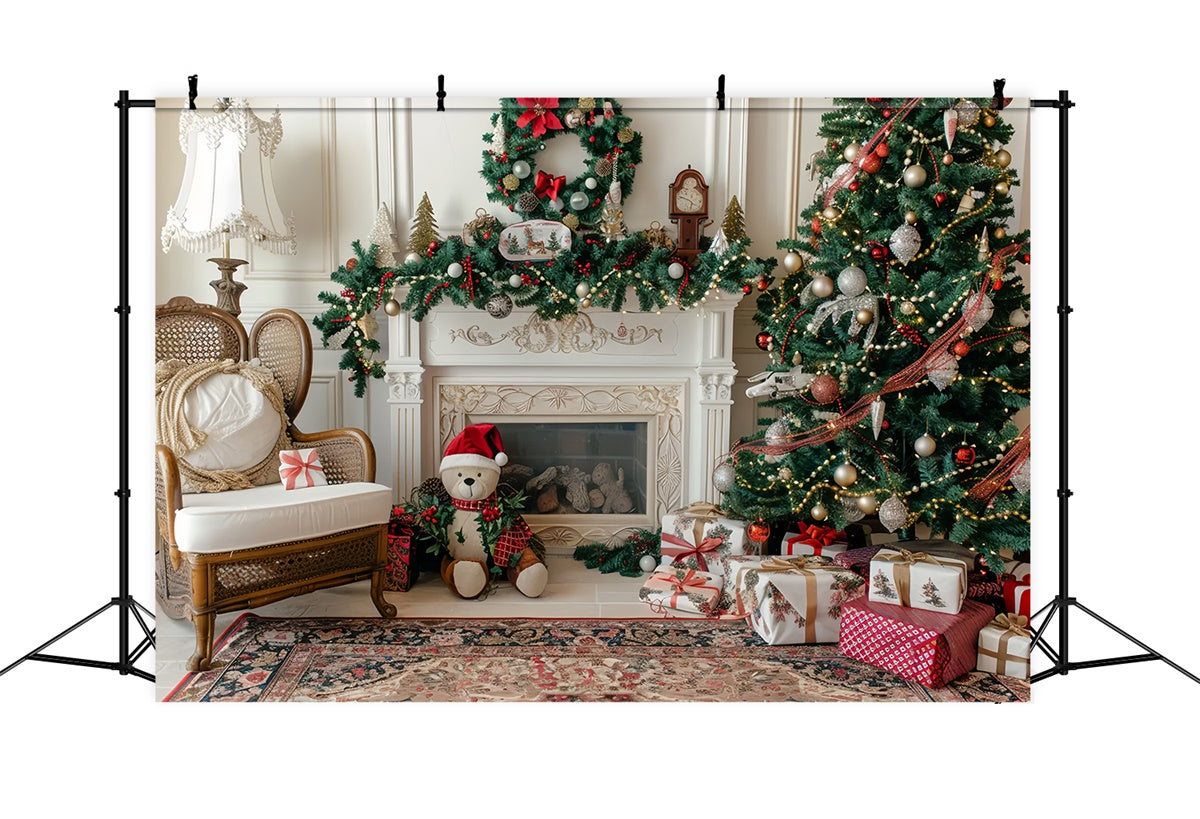 Toile de fond Noël avec ours en peluche près de la cheminée douillette BRP9-46