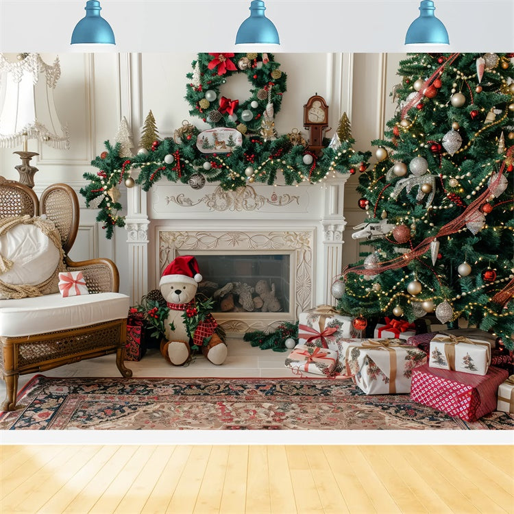 Toile de fond Noël avec ours en peluche près de la cheminée douillette BRP9-46