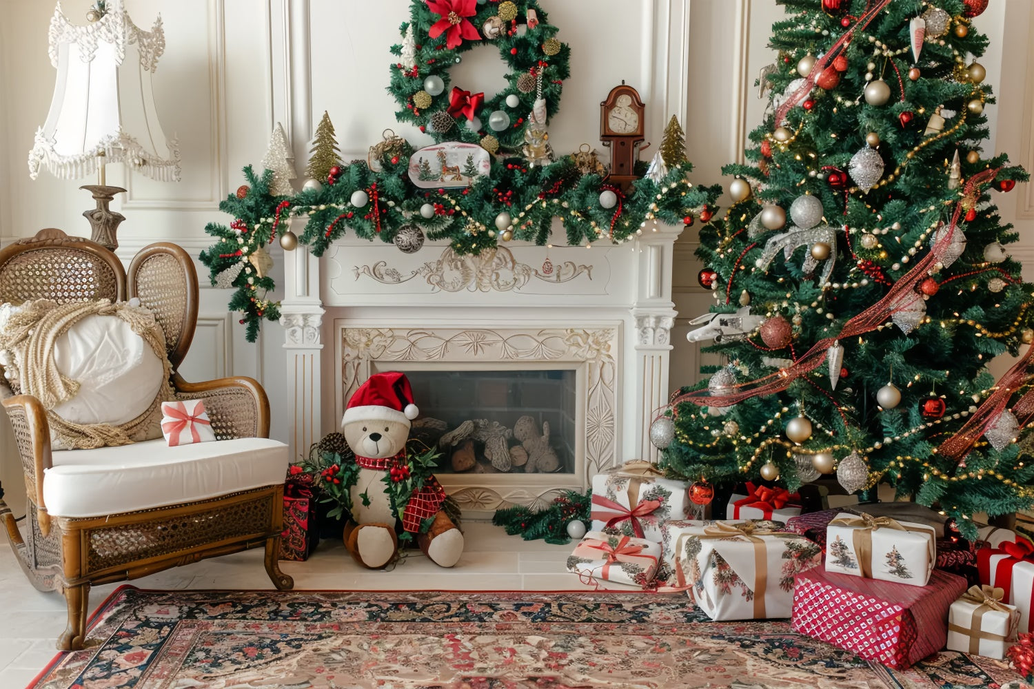 Toile de fond Noël avec ours en peluche près de la cheminée douillette BRP9-46