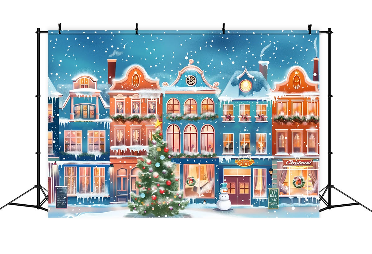 Toile de fond Ville de Noël enneigée avec lumières colorées BRP9-48