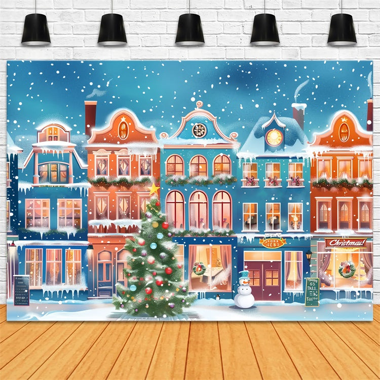 Toile de fond Ville de Noël enneigée avec lumières colorées BRP9-48