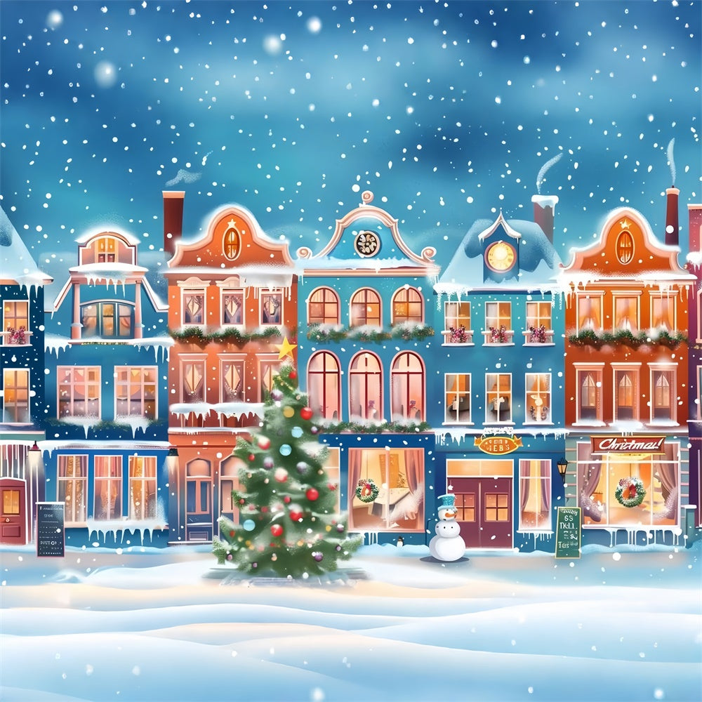 Toile de fond Ville de Noël enneigée avec lumières colorées BRP9-48