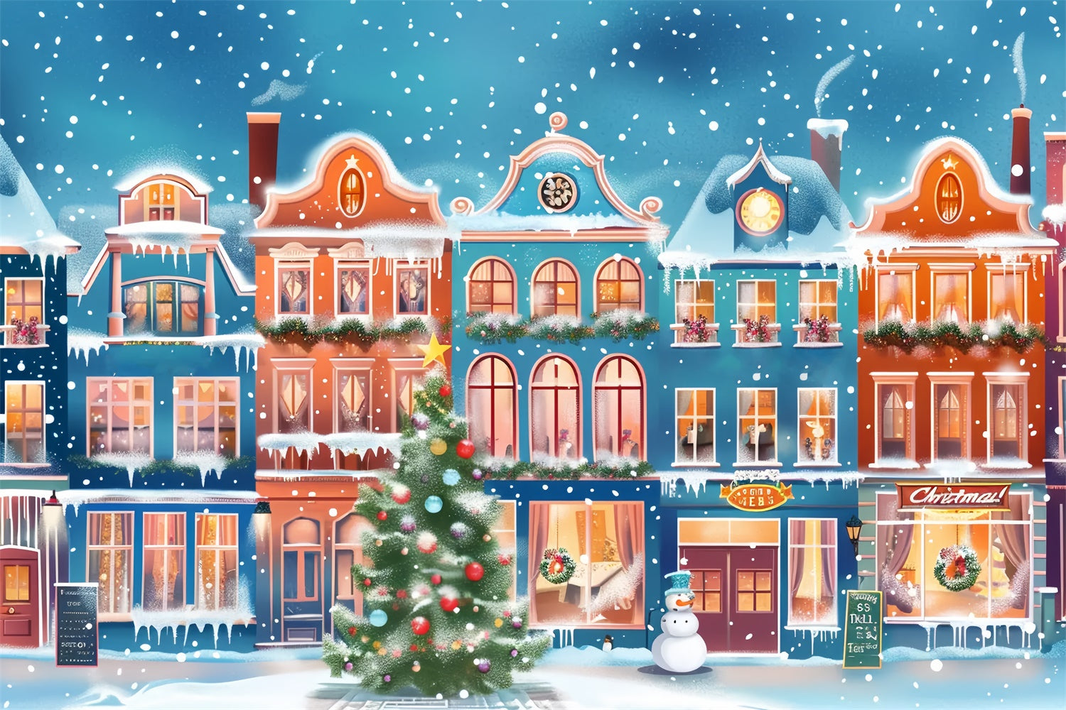 Toile de fond Ville de Noël enneigée avec lumières colorées BRP9-48