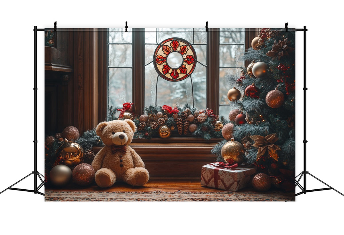 Toile de fond Noël avec ours en peluche près de la fenêtre enchantée BRP9-49