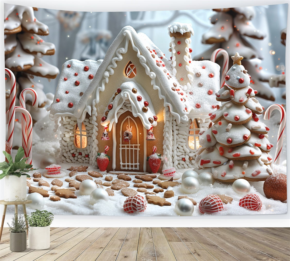Toile de fond Cottage en pain d'épices glacé avec cannes en sucre de Noël BRP9-77