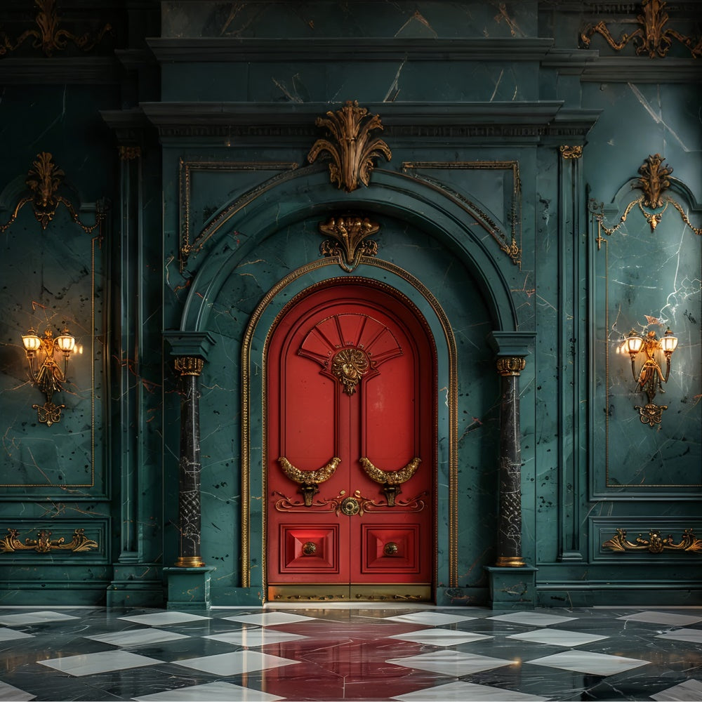 Toile de fond Porte rouge de Noël dans un hall en marbre BRP9-78
