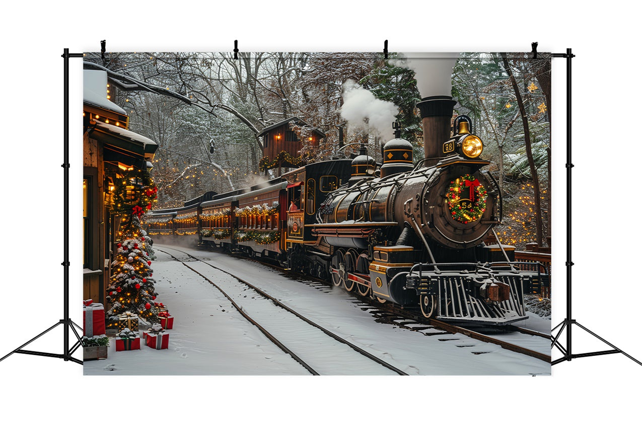 Toile de fond Train de Noël d'hiver avec des rails enneigés BRP9-81