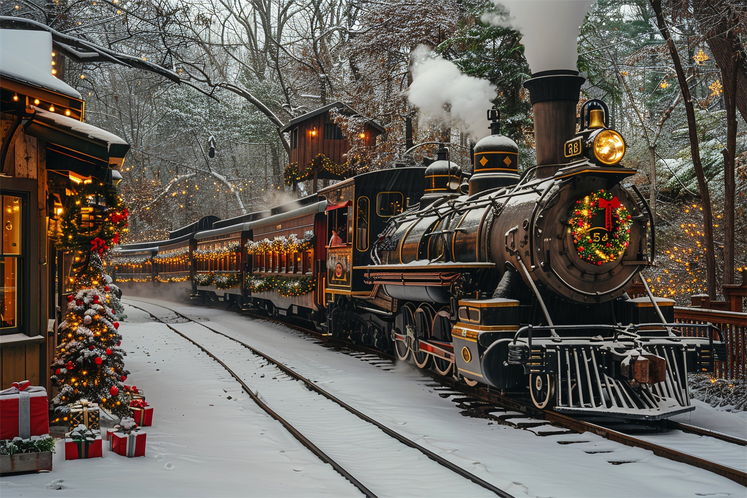 Toile de fond Train de Noël d'hiver avec des rails enneigés BRP9-81