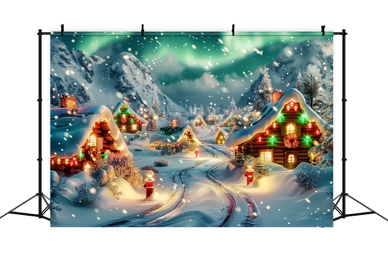 Toile de fond Village de Noël illuminé par des aurores avec chute de neige BRP9-86