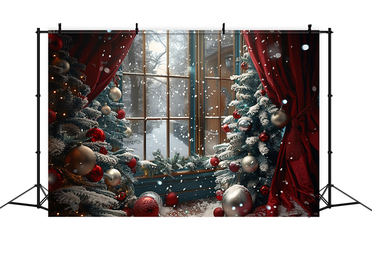 Toile de fond Fenêtre de Noël avec rideau rouge et arbres enneigés BRP9-87