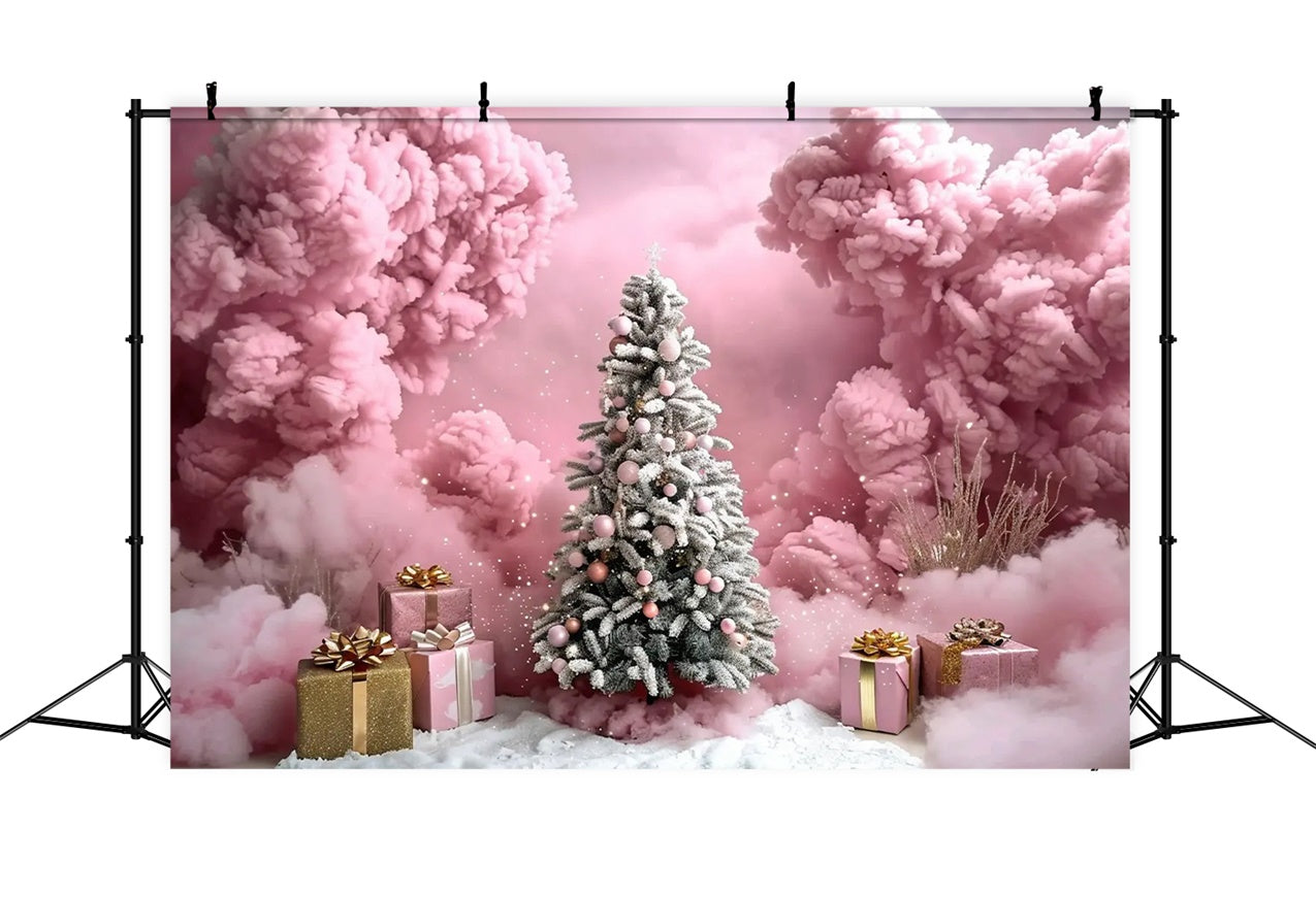 Toile de fond Sapin de Noël avec nuages roses et boîtes-cadeaux BRP9-89