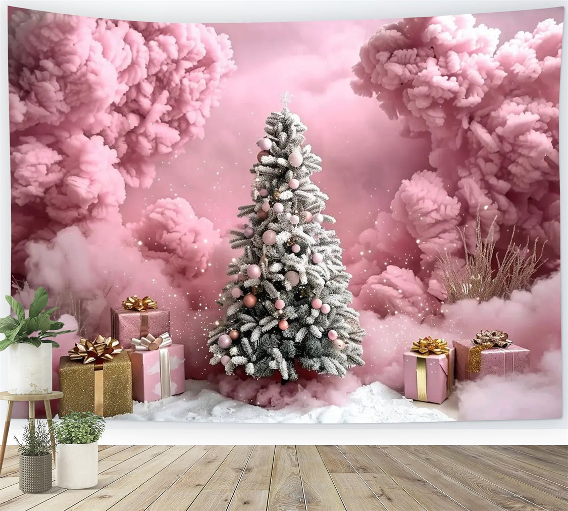 Toile de fond Sapin de Noël avec nuages roses et boîtes-cadeaux BRP9-89