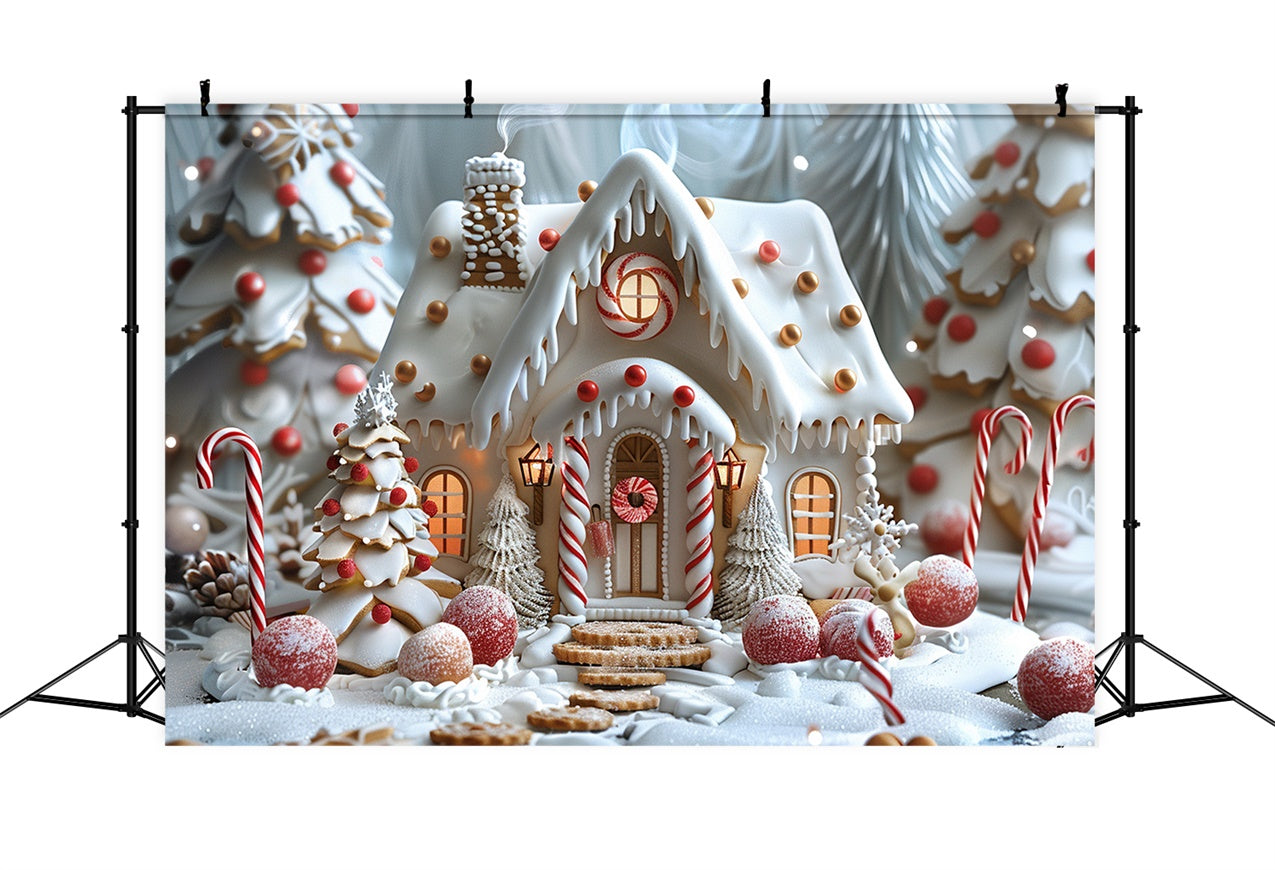 Toile de fond Cottage en pain d'épices glacé avec sapins de Noël BRP9-91