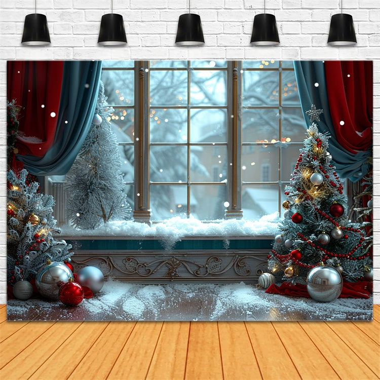 Toile de fond Fenêtre enneigée avec sapins de Noël décorés BRP9-92