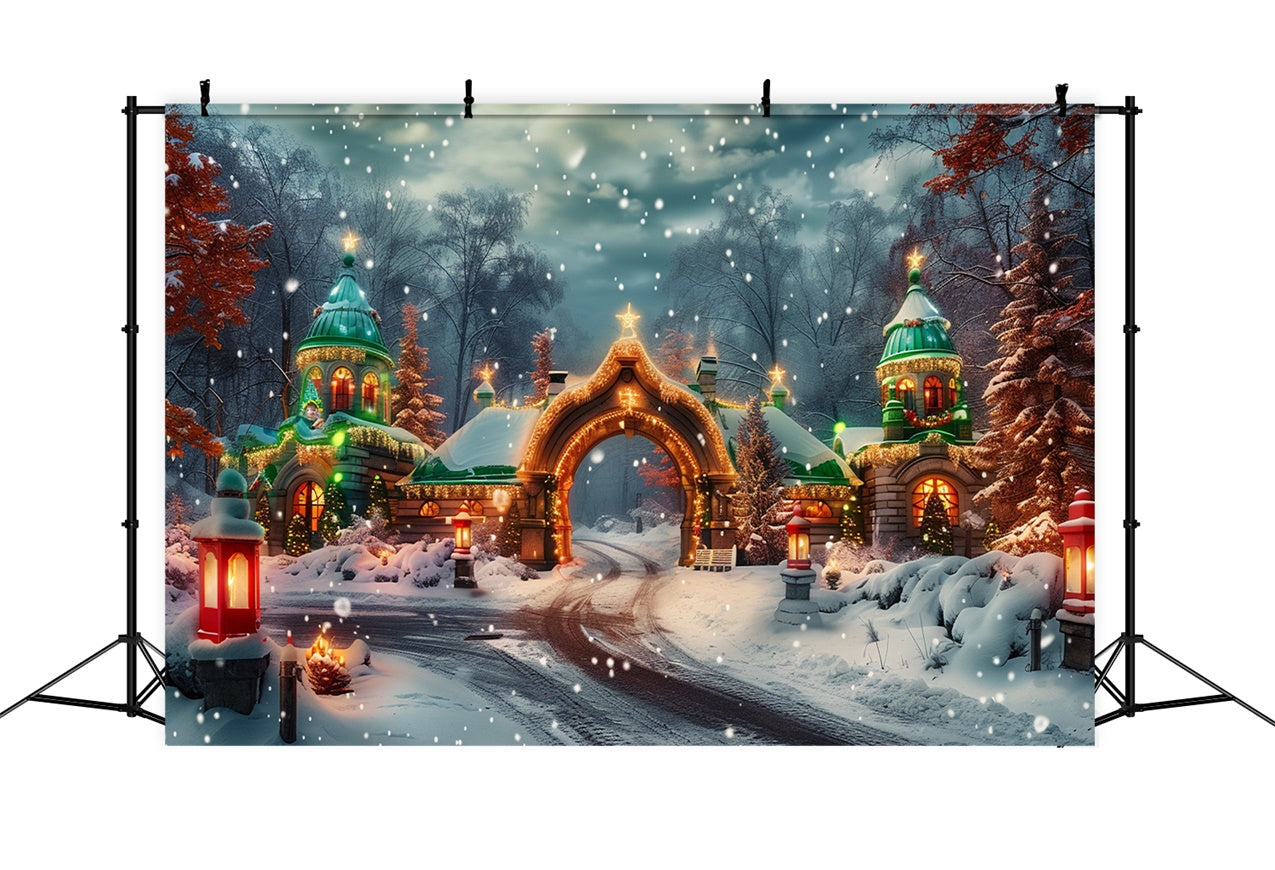 Toile de fond Porte du château de Noël avec neige et lumières BRP9-94