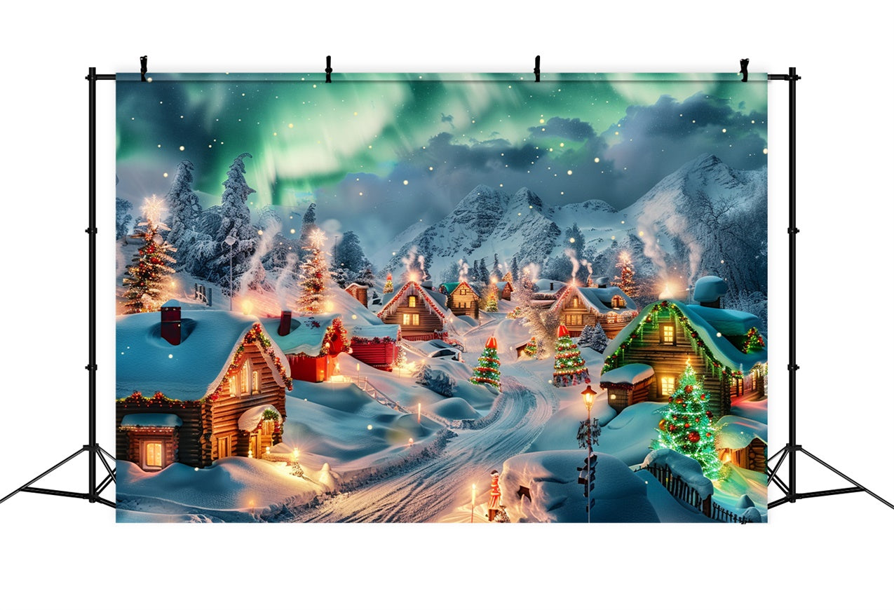 Toile de fond Village de Noël avec aurores boréales et sapins BRP9-96