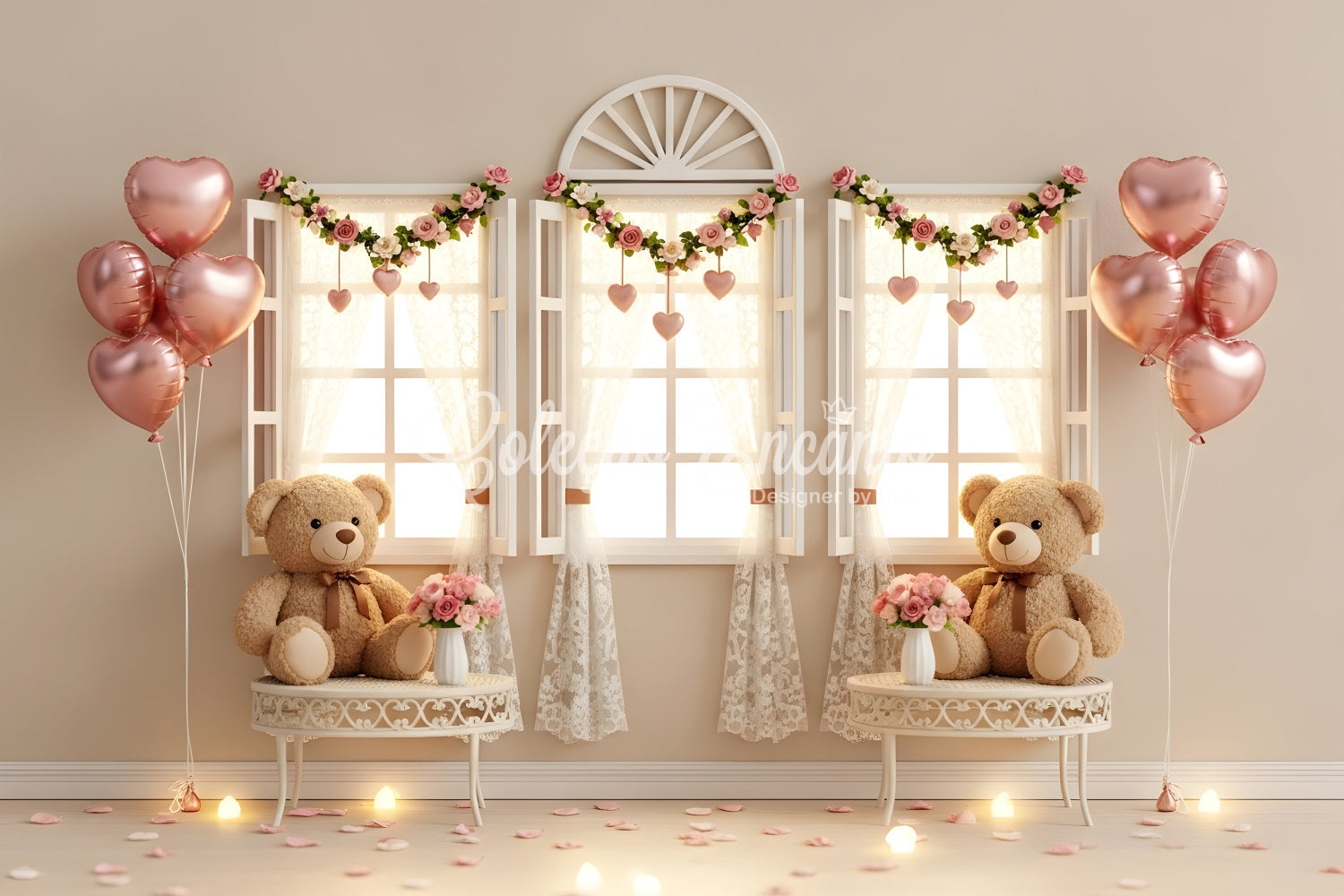 Fonds photo pour la Saint-Valentin Nounours Fenêtre Décoration romantique Fond pour la Saint-Valentin par Magali