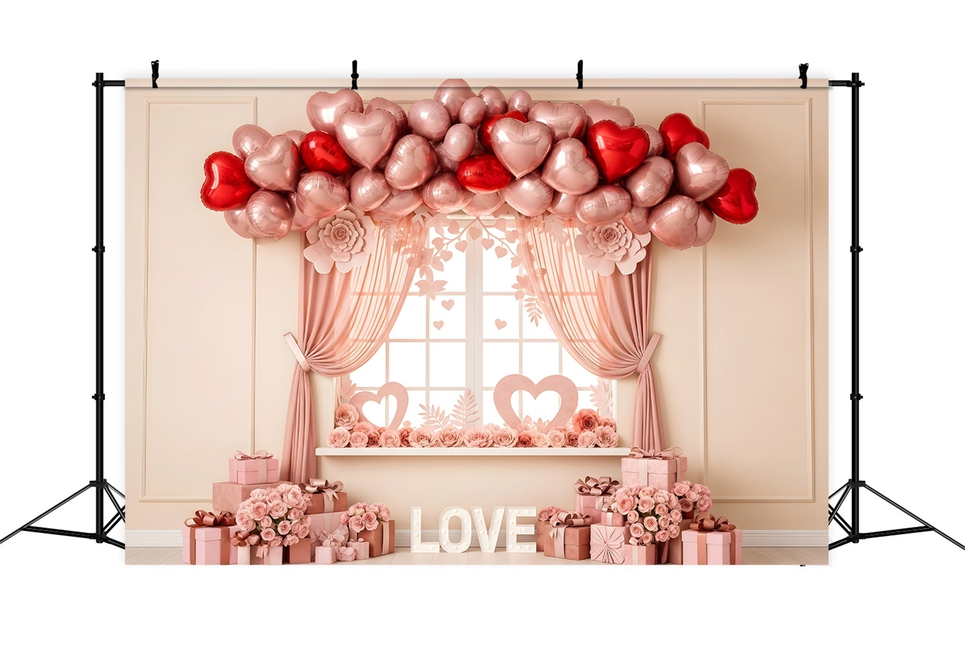 Idées de fonds pour la Saint-Valentin Fenêtre avec ballons en forme de cœur rose Fonds pour la Saint-Valentin par Magali
