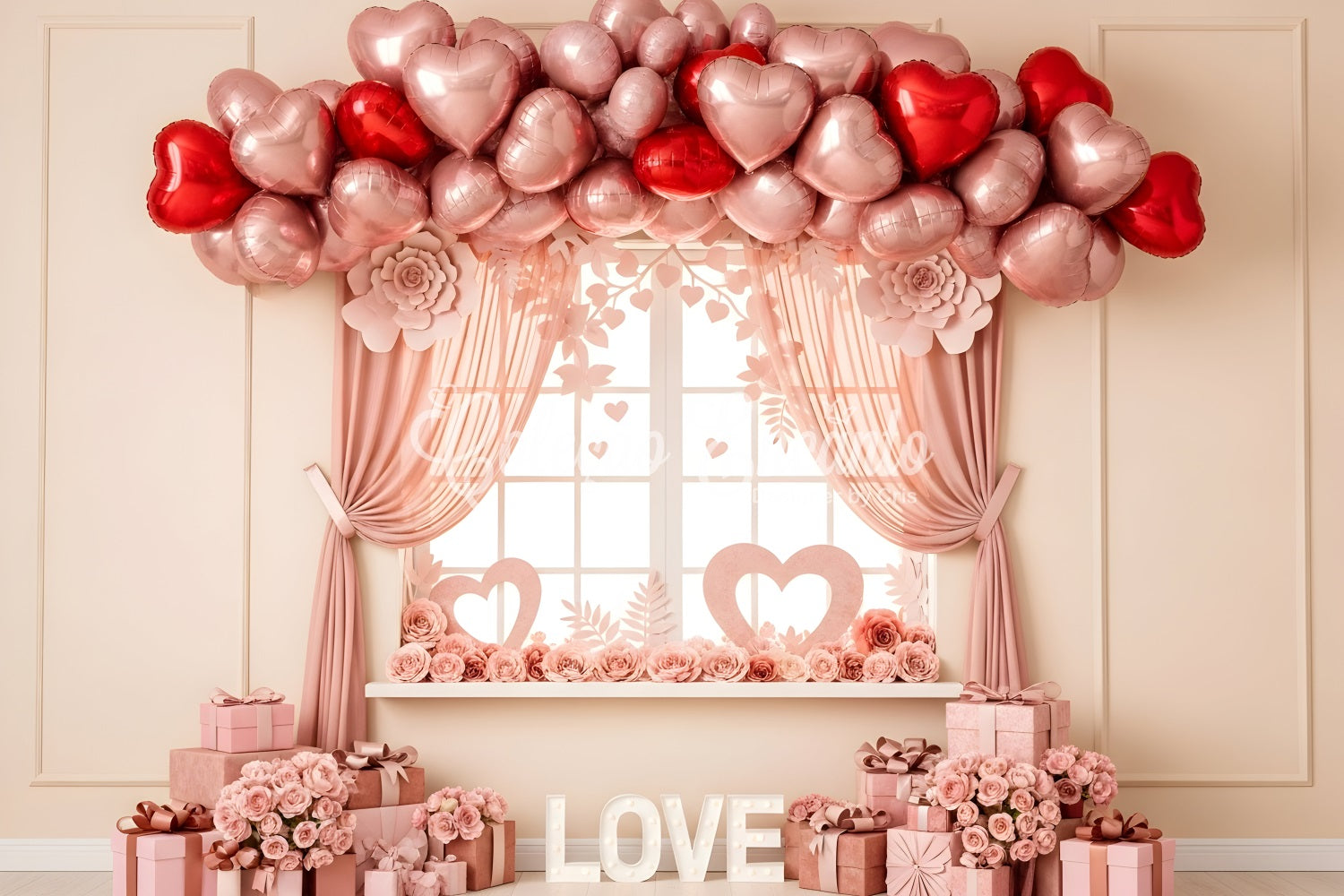 Idées de fonds pour la Saint-Valentin Fenêtre avec ballons en forme de cœur rose Fonds pour la Saint-Valentin par Magali