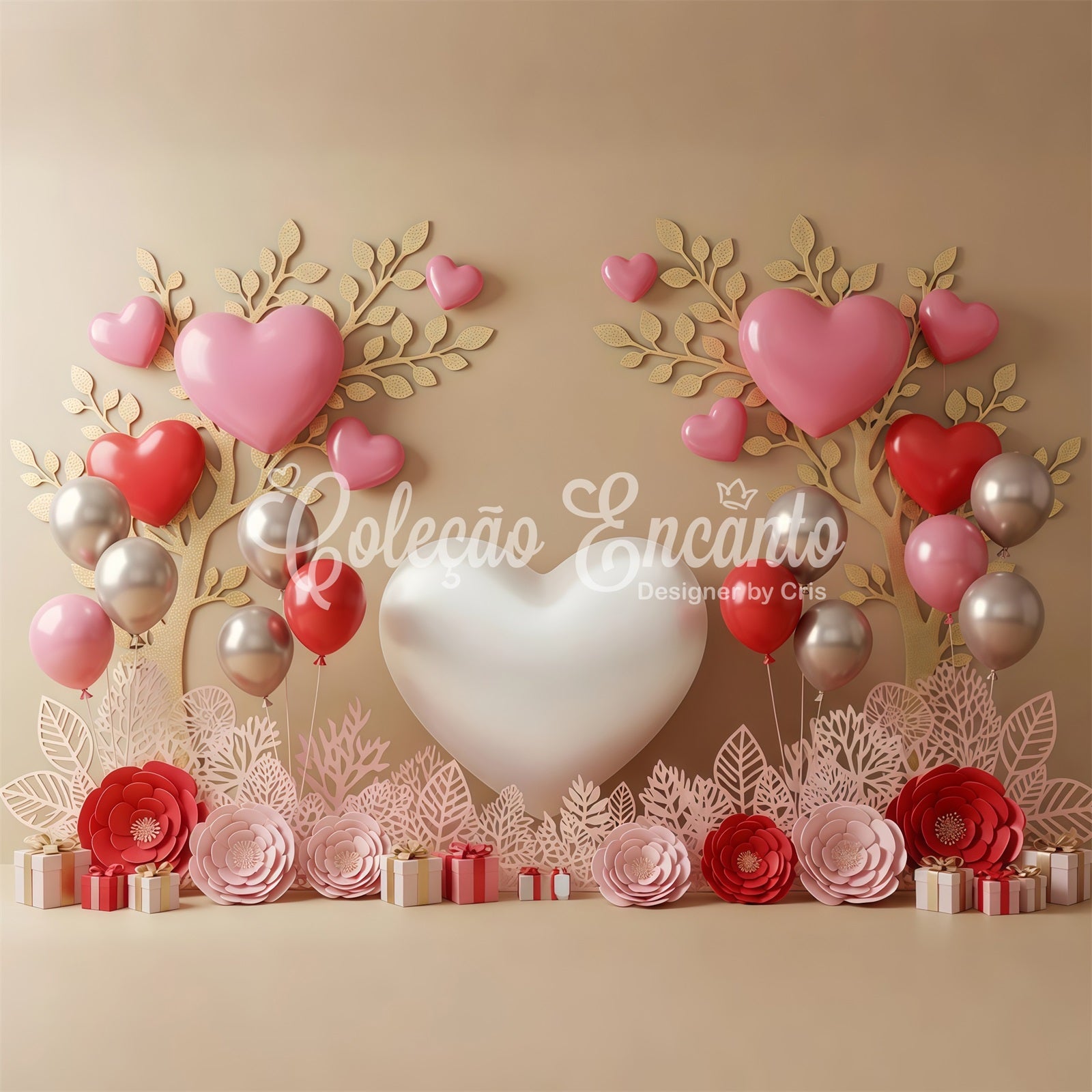 Fond Photo Saint Valentin Ballons Cœur et Fleurs Par Magali